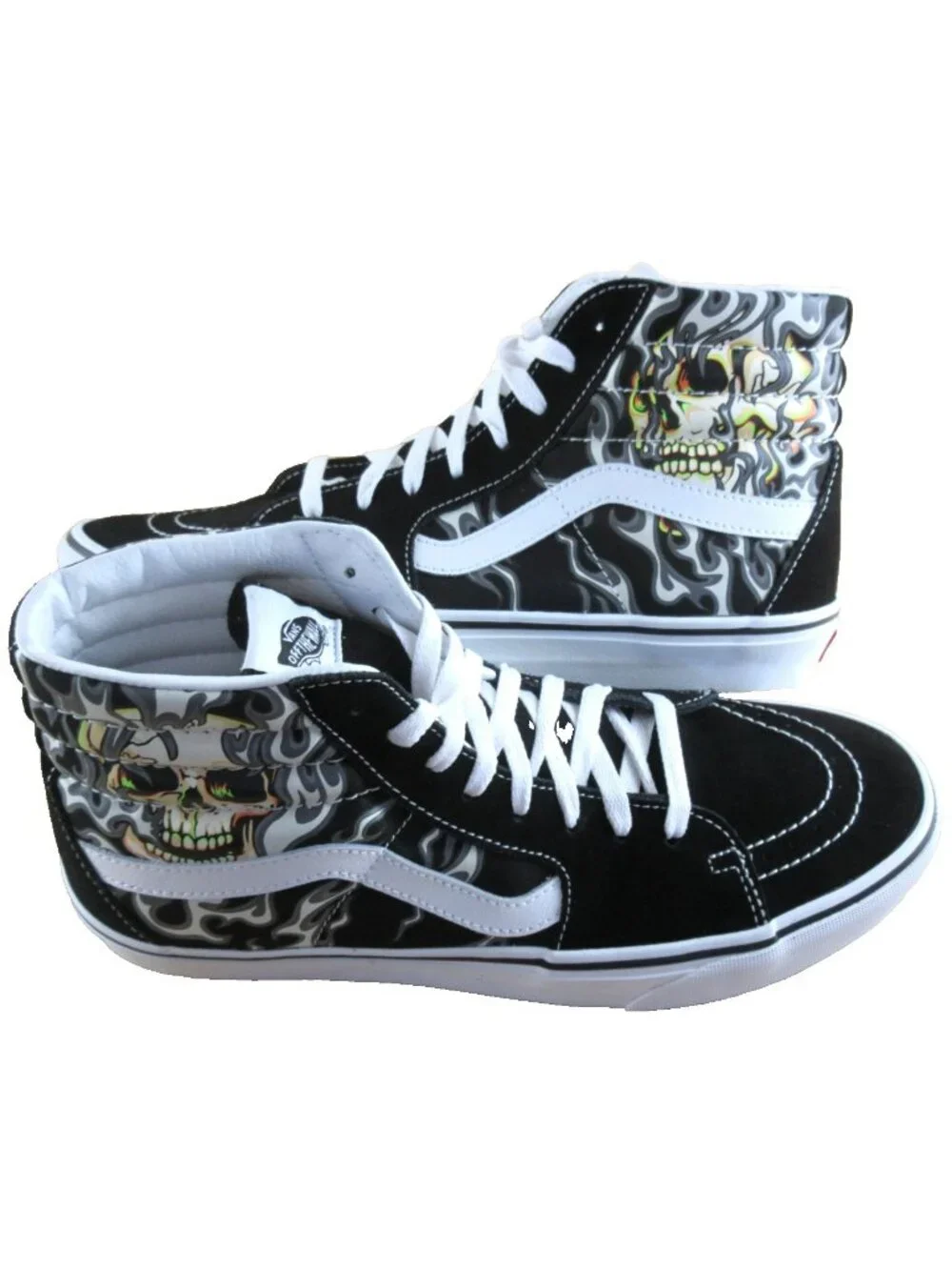 Vans Men's Sk8-Hi Flame Skull Black True White Canvas Suede shoes Size 11 NEW